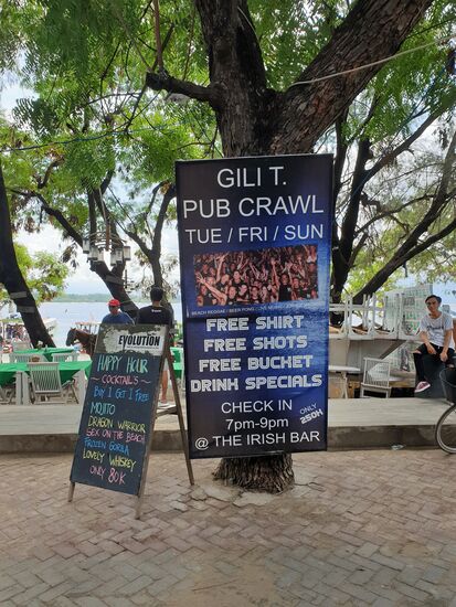 Für 250.000 Rupien kann man sich abschiessen. Es gibt ein T-Shirt (vermutlich eher, damit die Begleiter ihre Trinkschäfchen zusammen halten können). Für den Preis gehts dann von Kneipe zu Kneipe, und draussen gibts schon einen Shot, drinnen gehts dann weiter mit Trinken und Animation.