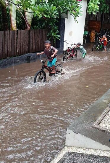... aber die Kinder haben ihren Spaß daran. Das ist übrigens der Weg vor dem Hotel.
Das scheint die tiefste Stelle der Insel zu sein.
