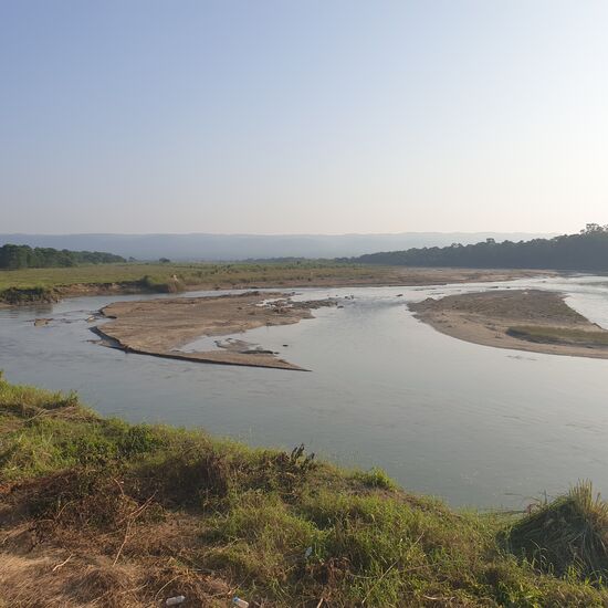 Aussichtspunkt auf den Narayani. In Chitwan sind wir grundsätzlich nur mit Fernglas unterwegs. Die Krokodile und Gaviale hat man allerdings gut mit bloßem Auge sehen können.