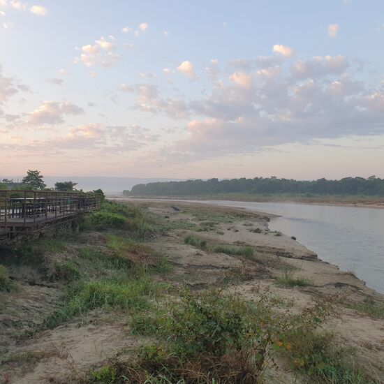 Morgenstimmung am Fluss. Wer genau hinschaut kann ein sitzendes Nashorn entdecken.
