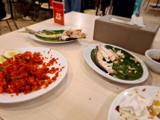 Abends gehe ich in ein Seafood-Restaurant und bekomme lecker gegrillten Fisch und ein Reisgericht (Nasi-weiß nicht mehr genau)