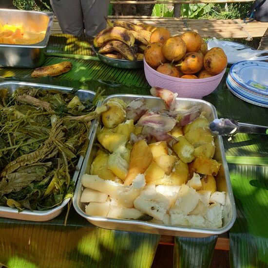 Verschiedene Süsskartoffelsorten und Maniok.
Das Grünzeugs war ziemlich bitter und rauh.
