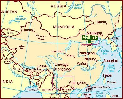in den rosa eingekastelten Regionen werde ich mich aufhalten. Das sind die Provinzen Guangxi, Guizhou, Yunnan, (vielleicht gehts sich Sichuan noch aus) und zum Schluss Beijing