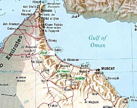 Umkringelt sind die beschriebenen Orte der Küstenprovinz Al-Batinah