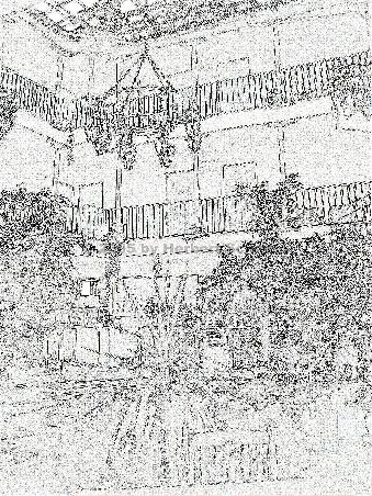 als Zeichnung verfälschtes Bild des Hotelinnenhofes