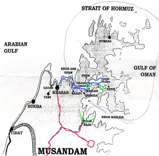 unsere Route mit der Dhau (blau) - grün - Telegraph Island und die schmale Landzunge die Khor Sham vom Khor Najd trennt.