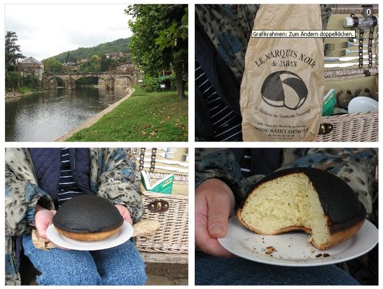 marquis noir - ein Käsekuchen mit völlig 'verkohlter' Kruste - unser Mittagspicnic an der Vézère