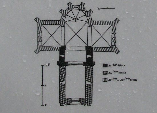 der älteste Bausteil (dunkel) stammt aus dem 11.Jh. - Portal und vorderes Langschiff aus dem 12. Jh. - erkennbar an den Plastiken - Querschiff und Apsis sind erheblich jünger