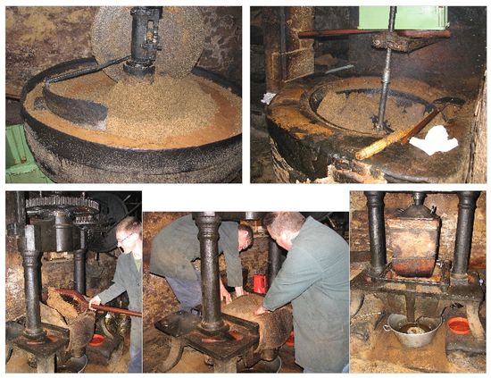 die Walnußkerne werden gemahlen - die Masse auf ca. 50°C erhitzt - in Sackleinen gehüllt in die Presse gefüllt - und in eine große Wanne abgespreßt