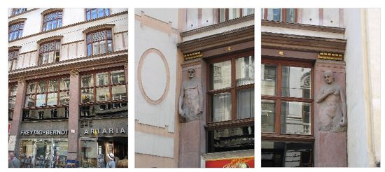 Fassadendetails und Innendetails - über dem Geschäftsteil deutlich sichtbar: der Stahlträger - elliptisches Treppenhaus