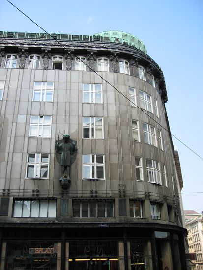 Zacherlhaus - Wildpretmarkt/ Bauernmarkt - ca. 1902 - Joze Plecnik - die Atlanten, die das Gesims tragen, wurden nach einem Entwurf Franz Metzners angefertigt