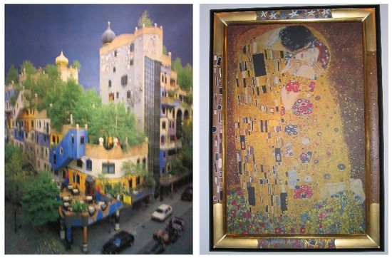 Eine kleine Ausstellung präsentiert Werke von Hundertwasser und Klimt ('der Kuß')