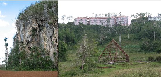 Am Rand dieser Mogote gedeiht Kaffee - Trockenschuppen unterhalb des Hotel Los Jazmines