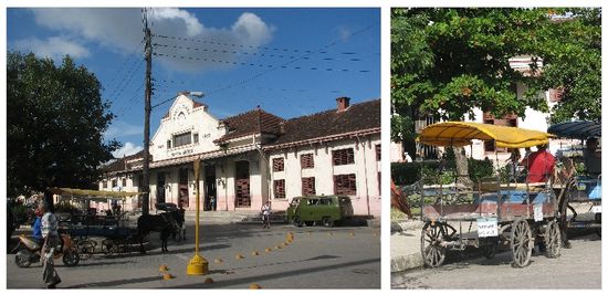 am Provinzbahnhof warten zahlreiche Pferdetaxen