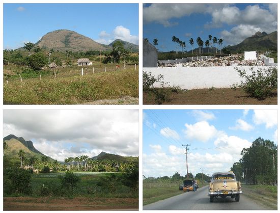 so dass wir immer mal wieder anhalten und fotografieren müssen - in der Nähe von Sancti Spiritus wird es wieder eben und auch belebter (die www.-Beschriftung auf dem Oldtimer weist auf die neueren Errungenschaften hin))