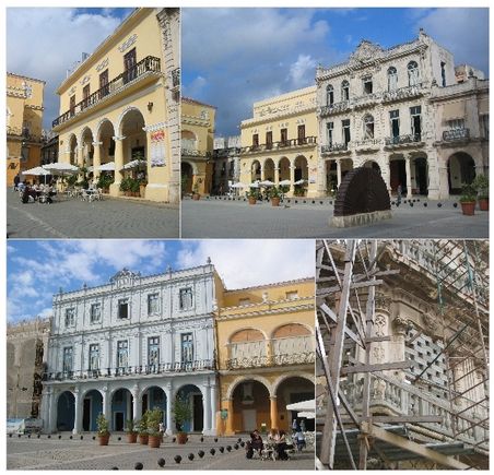 oben: Nordseite mit Restaurant und Grundschule - unten: Westseite - Casa Cardénas (Galerie) und Ostseite - ausgekerntes Jugendstilhotel in Restauration