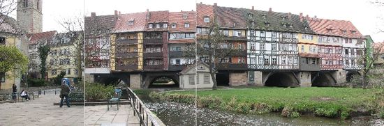 Früher gab es hölzerne Fundamente und auch eine Holzbrücke. Aber bereits Ende des 13. Jh. wurde mit der Steinbrücke begonnen. Z.T sind in den (hohen) Brückenpfeilern Keller für die Häuser untergebracht.