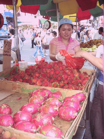 Rambutan (hinten) kennen wir zwar - aber die vordere Frucht war neu für uns