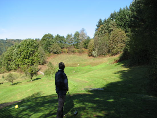 ein kurzes Par3-Loch - aber total schief -standardmäßig liegt der Ball nach dem Abschlag zwischen den Obstbäumen links vom Grün