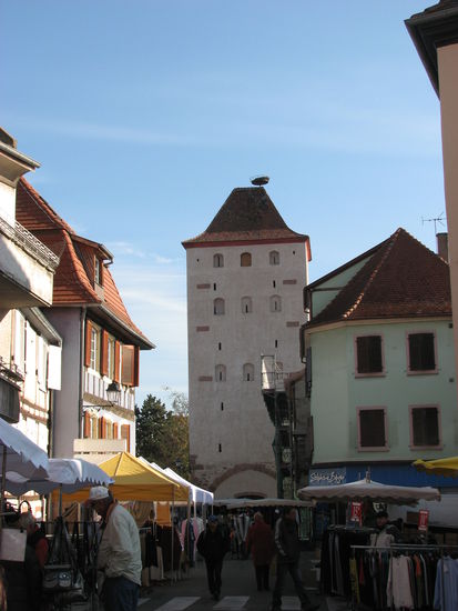 Häuser und Stadttor werden von Störchen bewohnt.