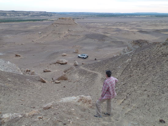 nach dem Aufstieg bietet sich ein weiter Blick über die allmählich in der Dämmerung untertauchende Oase