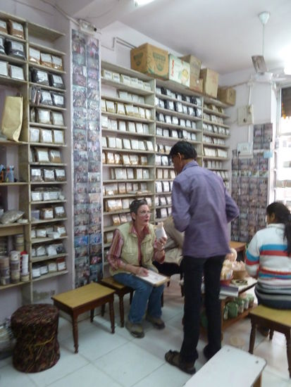 Ulrike schnuppert an den Gewürzen und -mischungen.