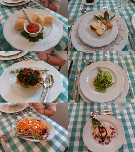 das vegetarische Menu vom Tage (aus eigenem biologischem Anbau)
Pizelle con sughetto - Teigtaschen mit Tomatensauce
Spuma con zucca e zucchine - Soufflé von Kürbis und Zucchini
Cicorielle selvatiche assise in cesto pecorino - wilder Chicoree im Käsekörbchen
Vermicelli agli odori dell'orto con zucchini - Spaghetti mit Gartenkräutern und Zucchini
Insalata mista con mandorle fresche - gemischter Salat mit frischen Mandeln
Quando il limone diventa ... dolce - Zitronen-Biskuitrolle mit Früchten des Hauses