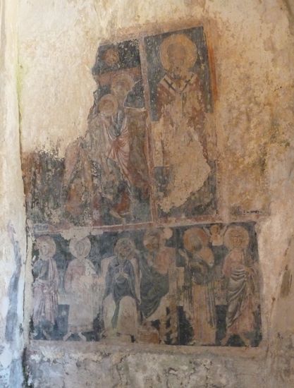 Krönung Mariens mit den Heiligen Johannes, Petrus, Stefanus, und Laurentius - Anfg. 14. Jh - darüber eine Kreuzabnahme und recht der hl. Nikolaus