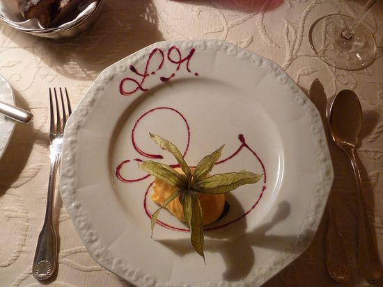 Mangosorbet mit Physalis und Entendeko in Himbeersauce
