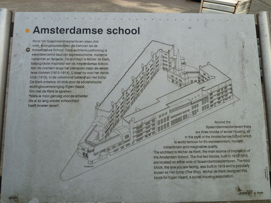 Plan des Wohnkomplexes 'Het Schip' - an der Spitze war ein Postamt (heute Museumseintritt) - im vorderen Teil wurde ein Kindergarten mit 'einge/umbaut - und in hinteren Teil mit Zierturm ist heute eine Arbeiterwohnung als Museumsteil zu besichtigen. Ansonsten ist der Wohnblock noch 'normal' bewohnt.