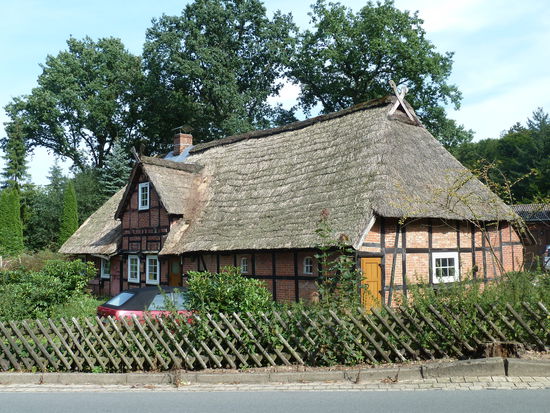 Zurück müssen wir leider eine Strecke über die Landstrasse laufen, können aber auch dort die typischen reedgedeckten Fachwerkhäuser bewundern.