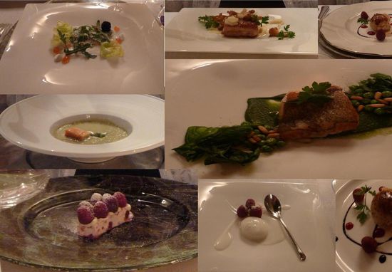 Menufolge
amuse:           Rindercarpaccio mit Ricotta - trüffelaromatisiert
Vorspeisen:    Ziegenkäse Tomaten Pinienkerne mit Prosecco
Foie Himbeeren mit Süßwein
Zwischen:       Kaiserschotensuppe mit Stremellachs (ohne Getränk)
Hauptgang:    Schweinerippe mit Calvados
Heilbutt auf Spinat mit Chablis
Vornachtisch:  Joghurt mit Himbeeren
Nachtisch:       Frozen Himbeernougat mit Kir Royal