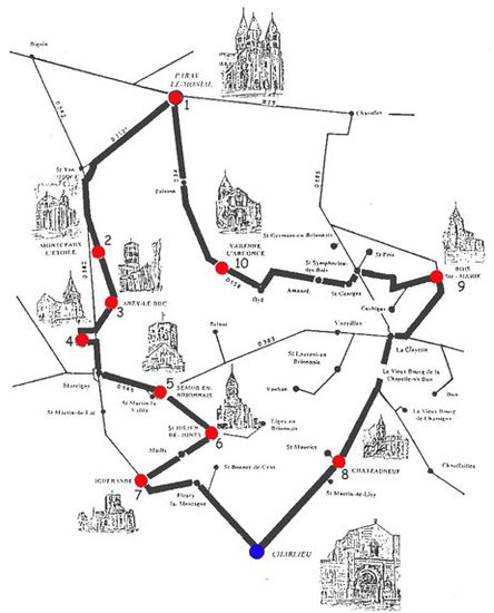 2 Montceaux-L'Étoile
3 Anzy-le-Duc
5 Semur en Brionnais
6 Saint-Julien-de-Jonzy
7 Iguerande
8 Chateauneuf
9 Bois-Sainte-Marie
10 Varennes l'Arconce