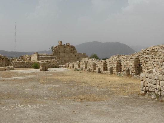 der Hauptpalast hatte einen zentralen Hof von jeweils 22m Seitenlänge, in dessen Nebengebäuden Mosaike gefunden wurden.