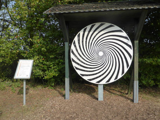 Visuelle Scheibe - spiralig
Ins Weite gezogen fühlt man sich, wenn man die Scheibe ansieht, während sie sich in der nach außen weisenden Richtung der Spiral-Linien dreht.
Eingesogen fühlt man sich, wenn die Scheibe entgegengesetzt rotiert. 
Bei schneller Drehung erscheinen in dem Spiralfeld mehrere konzentrische Kreise und ein regenbogenfarbiges Flimmern aller Linien.