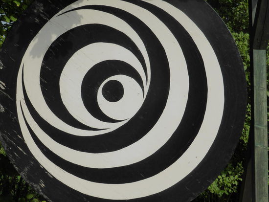 Visuelle Scheibe - Scheinkörper
Die Scheibe langsam drehen. Zurücktreten und zusehen. Plötzlich erhebt sich ein Kegel aus der Fläche heraus in den Raum mit einem Trichter nach innen gleich einem Krater mit einer Kugel am Grunde.
Diese Erscheinung ist ein Produkt der visuellen Rindenfelder des Gehirns. Sie macht erfahrbar: Das Sehen ist wie alle Sinnesleistungen kein passives, sondern ein höchst aktives Verhalten, durch das, was außen ist, sich mit mir zu etwas Neuem verbindet, das meinen Zustand jeweils entsprechend ändert.