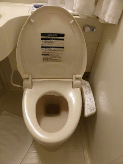 die Naßzelle ist eine Einheit mit Waschbecken, kurzer Badewanne mit Wäscheleine darüber, sowie einer hochtechnischen Toilette