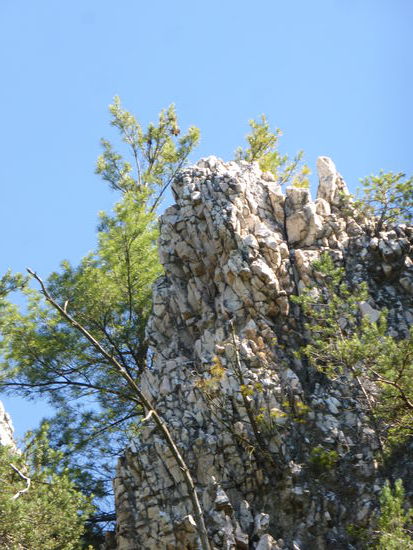 das Weiß der Quarzitfelsen hebt sich vom anderen Gestein deutlich ab