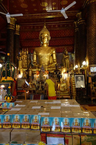 die Delegation hat zahlreiche Pakete als Opfergaben mitgebracht, die vor der großen Buddhastatue aufgebaut sind
