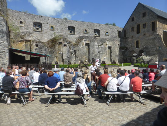 Greifvogelschau im Innenhof der gewaltigen Burg von Bouillon