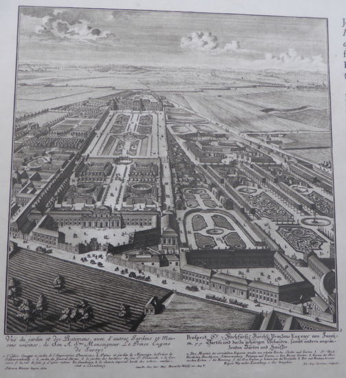 der alte Stich zeigt die riesigen Ausmaße des Parks - im Vordergrund das untere Belvedere