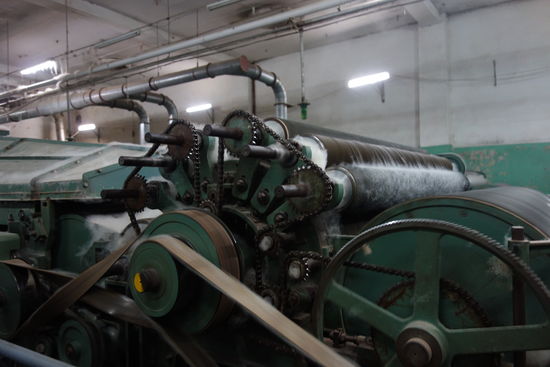 durch Kratzenwalzen laufend wird die Wolle ausgerichtet