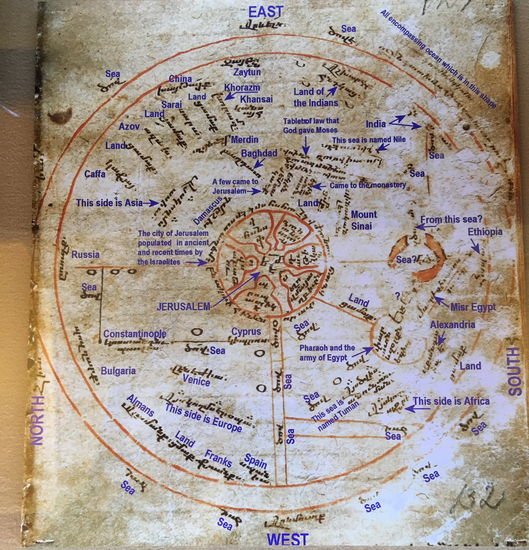 aus Geografie: weine frühe Weltkarte - die Erde als Scheibe - aber man konnte Länder und Kontinente 'unterbringen'.