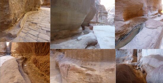 zahlreiche Wasserrinnen leiten das Wasser durch den Siq - Wasserkunst der Nabatäer - früher waren diese Rinnen abgedeckt