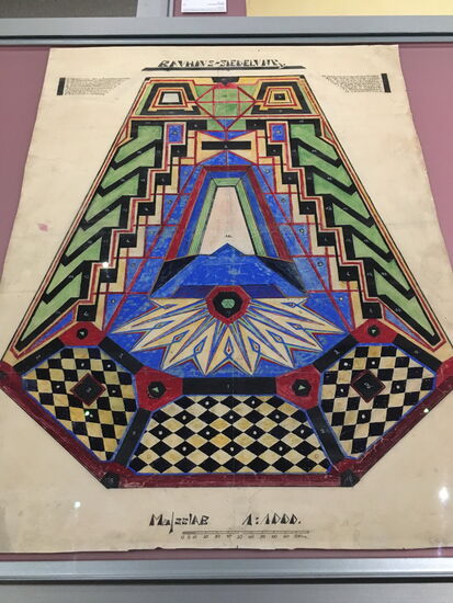 Lageplan einer Bauhaussiedlung Weimar - Walter Determann -1920
Feder-, Pinselzeichnung in schwarzer Tusche und Eisengallustinte über Grafitvorzeichnung, mit Aquarell und Gouache koloriert