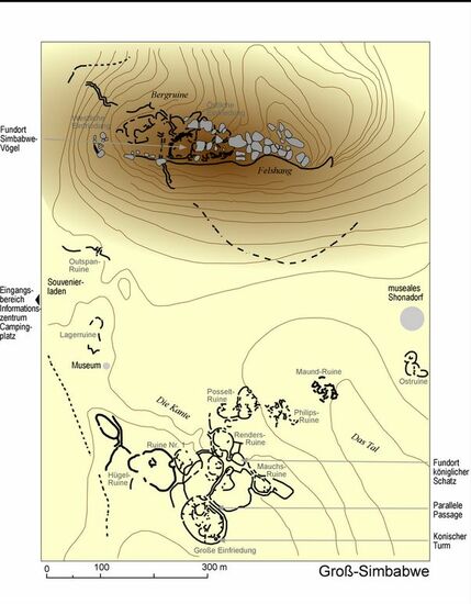 Groß-Simbabwe ist viergeteilt: auf 7 qkm erstrecken sich der Hill Complex, der Valley Complex und das Great Enclosure. Außerdem gibt es im Osten das museale Shonadorf. (Grafik aus Wikipedia)