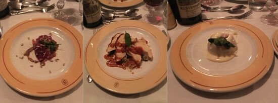 Geräuchertes Kuducarpaccio mit gerösteten Pinienkernen, gefüllte Hühnerbrust mit getrockneten Tomaten und Feta, Ananaspudding mit creme anglaise und Sahne