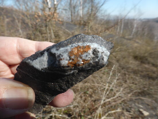 Gestein mit Mineral und angebackener Kohle.