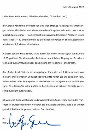 freundliche Einladung des Grafen von Spee an die 'crona-leid-geprüften' Menschen, den 'Dicken Busch' täglich und kostenfrei zu besuchen