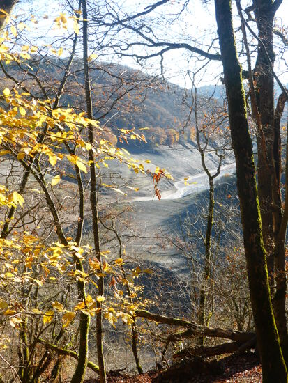 dann öffnet sich der erste Blick auf das Urfttal - bzw. den Talsperrenarm nahezu ohne Wasser